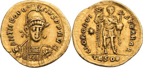 RÖMISCHE KAISERZEIT
Theodosius II., 402-450 n. Chr. AV-Solidus 425-430 n. Chr. Thessalonica Vs.: D N THEODO-SIVS P F AVG, gepanzerte Büste mit Helm, ...