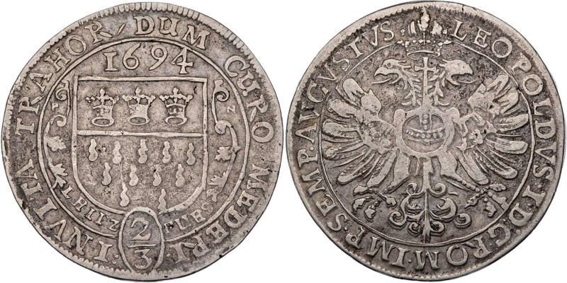 KÖLN STADT
 2/3 Taler nach Leipziger Fuß 1694 PN Mit Titel Leopolds I., Vs.: St...