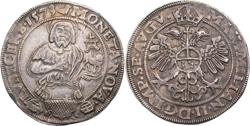 LÜBECK STADT
 Reichstaler (32 Schilling) 1573 Mit Titel Maximilians II. und dem...