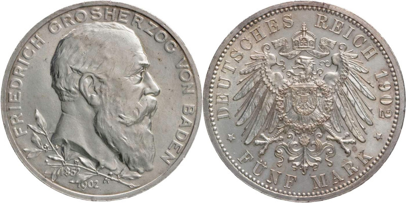 REICHSSILBERMÜNZEN BADEN
Friedrich I., 1852-1907. 5 Mark 1902 (G) Zum 50-jährig...