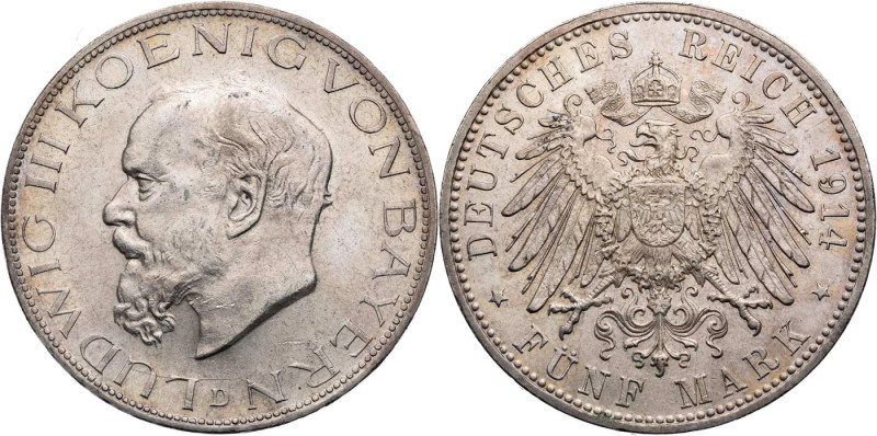 REICHSSILBERMÜNZEN BAYERN
Ludwig III., 1913-1918. 5 Mark 1914 D J. 53. kl. Krat...