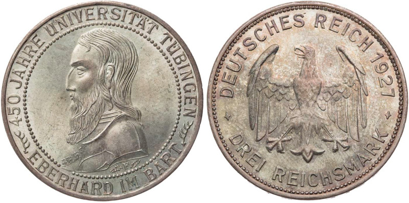 WEIMARER REPUBLIK
 3 Reichsmark 1927 F 450 Jahre Universität Tübingen J. 328. s...