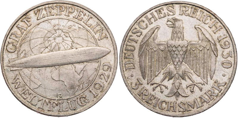 WEIMARER REPUBLIK
 3 Reichsmark 1930 G Zum Weltflug des "Graf Zeppelin" J. 342....