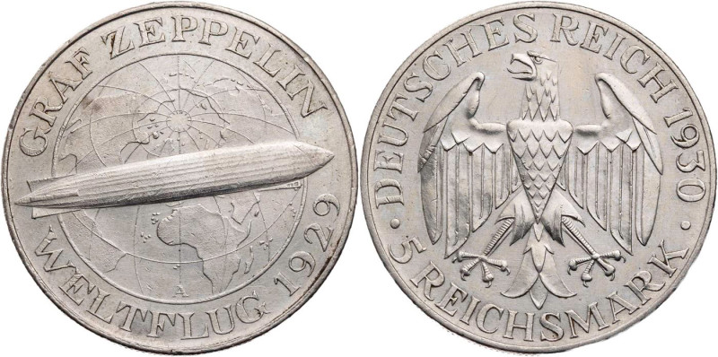 WEIMARER REPUBLIK
 5 Reichsmark 1930 A Zum Weltflug des "Graf Zeppelin" J. 343....