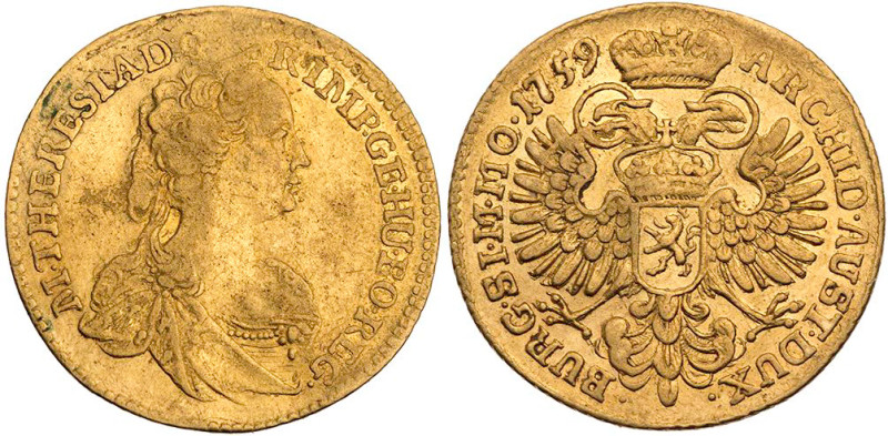 RÖMISCH-DEUTSCHES REICH
Maria Theresia, 1740-1780. Dukat 1759 Prag Vs.: Brustbi...