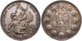 GROSSBRITANNIEN / IRLAND VEREINIGTES KÖNIGREICH
Anne, 1702-1714. Satirische Silbermedaille 1706 ohne Signatur, von P. H. Müller Auf die Siege über Lo...