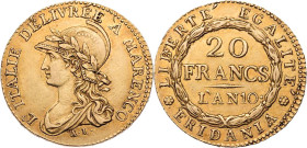 ITALIEN SUBALPINE REPUBLIK, 1800-1802.
 20 Francs An 10 (1801/1802) Turin Auf den Sieg von Marengo Fb. 1172; Pagani 4; Schlumberger 436. 6.46 g. Gold...