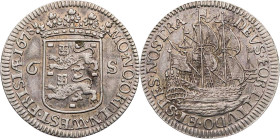 NIEDERLANDE WESTFRIESLAND
 6 Stuiver 1678 Enkhuizen Sog. Scheepjesschelling, Vs.: bekröntes Wappen, Rs.: Segelschiff KM 76. 3.27 g. zarte Tönung, fas...