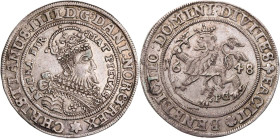 NORWEGEN KÖNIGREICH
Christian IV., 1588-1648. Speciedaler 1648 PG Christiania, Mzm. Peter Grüner Vs.: geharnischtes Brustbild mit umgelegter Feldbind...