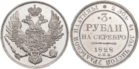 RUSSLAND KAISERREICH
Nikolaus I., 1825-1855. 3 Rubel Platin 1828 St. Petersburg Bitkin 73 (R1); Fb. 160. 10.37 g. winz. Randfehler, kl. Kratzer, vz-S...