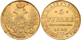 RUSSLAND KAISERREICH
Nikolaus I., 1825-1855. 5 Rubel 1842 St. Petersburg Bitkin 19; Fb. 155. 6.47 g. Gold Randfehler, Kratzer, sonst ss+