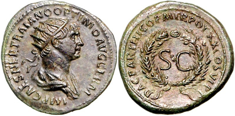 RÖMISCHES KAISERREICH. 
TRAIANUS 98-117. AE-As (116) 6,97g, Antiochia. Paludame...
