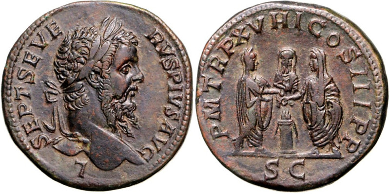 RÖMISCHES KAISERREICH. 
SEPTIMIUS SEVERUS 193-211. AE-Sesterz (210) 22,52g. Kop...