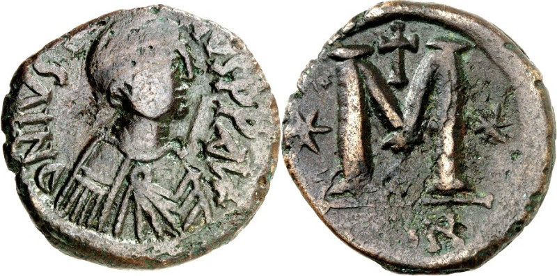 BYZANZ. 
IUSTINUS I. 518-527. AE-Follis 29mm 13,77g, Konstantinopel, 1. Offizin...