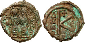 BYZANZ. 
IUSTINUS II. 565-578. AE-Halbfollis 20mm ("5"=569/570) 5,35g, Thessalonika. Kaiserpaar thront v.v. DN IVSTINVS PP AVG / ANNO - E; Wert K (= ...