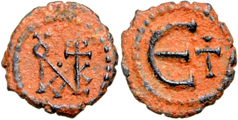 BYZANZ. 
IUSTINUS II. 565-578. AE-Penta 1,61g, Antochia. Blockmonogramm für IOV...