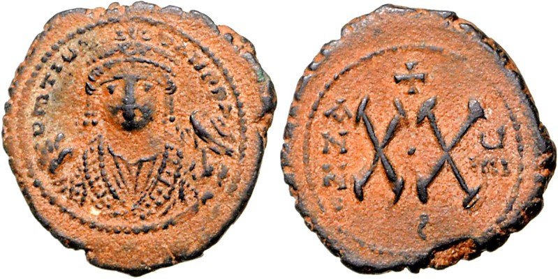 BYZANZ. 
MAURICIUS TIBERIUS 582-602. AE-Halbfollis 24mm ("2"= 583/584) 6,97g, T...