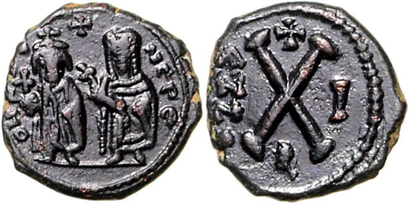 BYZANZ. 
FOCAS 602-610. AE-Deka 15/16mm (602/610) 3,07g, Theopolis. Phocas mit ...