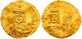 BYZANZ.
THEOPHILOS mit KONSTANTINOS und MICHAEL (III.) 840-842. Solidus 4,16g, Konstantinopel. Chlamysbüste mit Kreuzkrone und Patriarchenkreuz v.v. ...