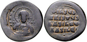 BYZANZ. 
BASILIOS II. Bulgaroktonos mit KONSTANTINOS VIII. 976-1025. Anonymer AE-Follis 33mm (976/1020) 13,35g, Konstantinopel. Christusbüste mit Nim...