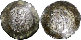 BYZANZ. 
MANUEL I. Komnenos 1143-1180. AE-Trachy 28/29mm 2,91g. Christus thront v.v. IC - XC / Manuel steht in Loros mit Labaron v.v. und wird von Mu...