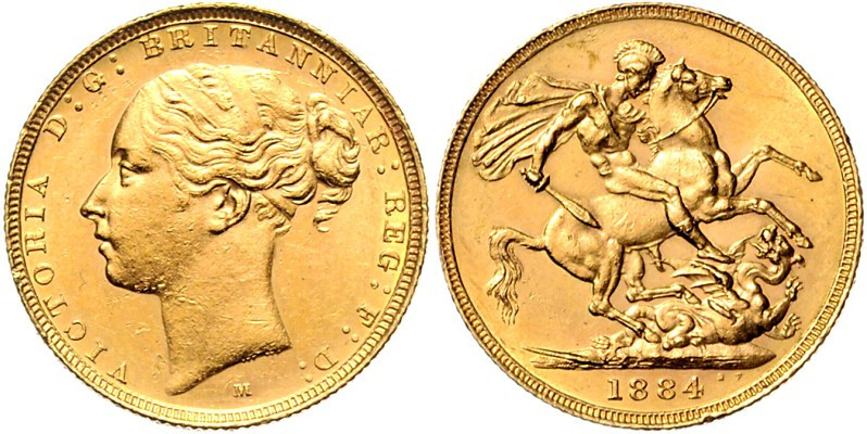 GROSSBRITANNIEN. 
Victoria 1837-1901. Sovereign 1884 M, Melbourne. St.Georg. Fr...