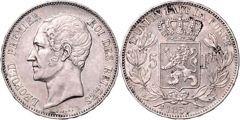 BELGIEN. 
KÖNIGREICH. 
Leopold I. 1831-1865. 5 Francs 1850. d.M./P.&nbsp; 68b,...