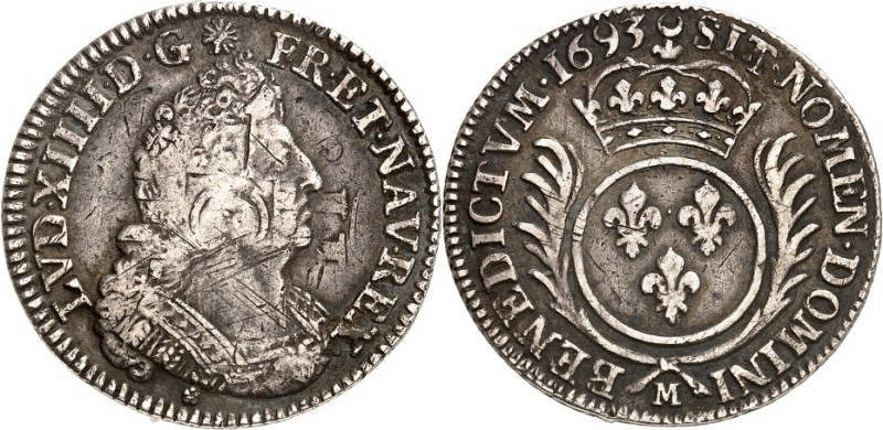 FRANKREICH. 
Louis XIV. 1643-1715. 1/4 Ecu aux palmes 1693 M Toulouse. Büste n....