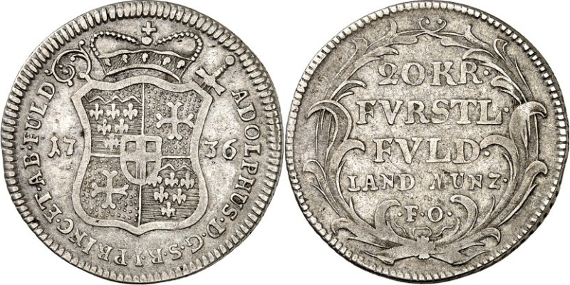 Fulda, Abtei. 
Adolph von Dalberg 1726-1737. 20 Kreuzer Landmünze 1736 Mmz. F.O...