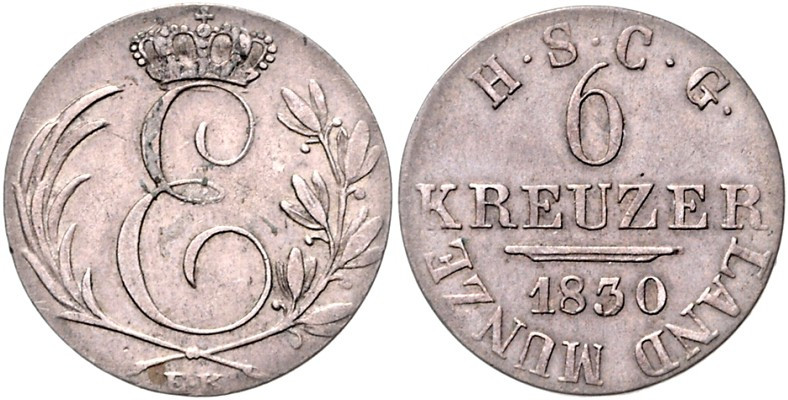 Sachsen/-Coburg-Gotha. 
Ernst I. 1806-1844. 6 Kreuzer 1830 E.K. AKS 81, J. 243....