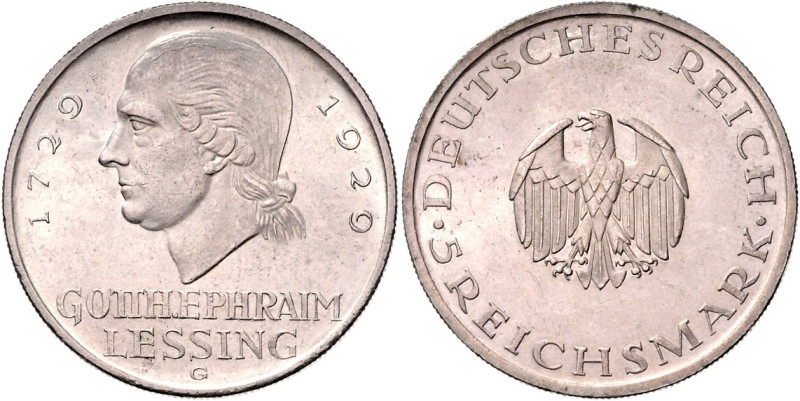 WEIMARER REPUBLIK. 
GEDENKMÜNZEN. 
5 Reichsmark 1929G Lessing. J. 336. . 

...