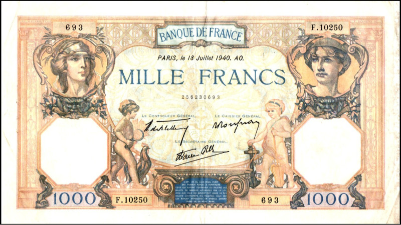 FRANKREICH. 
III. Republik -. 
1000 Francs 18.07.1940. Pick&nbsp; 90c. . 

...