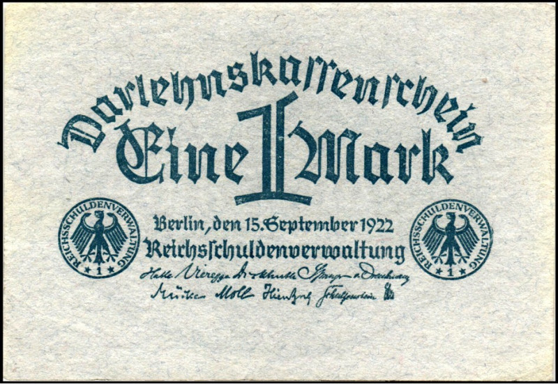 Inflation von 1919/1924. 
1 Mark 15.9.1922 Darlehnskassenschein, graublau auf g...