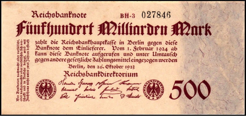 Inflation von 1919/1924. 
500 Milliarden Mark 26.10.1923 KN 6-stellig .Serie BH...