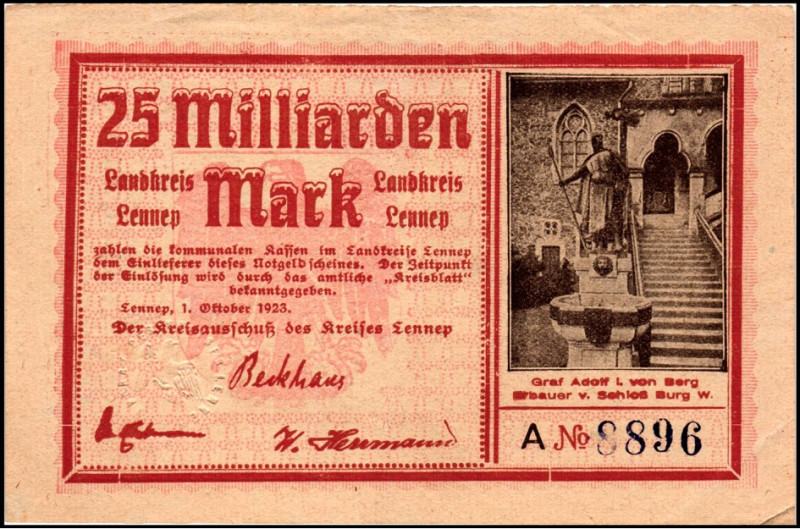 RHEINLAND. 
Lennep, Kreisausschuß des Landkreises. 25 Mrd.Mark 1.10.1923. v.E. ...