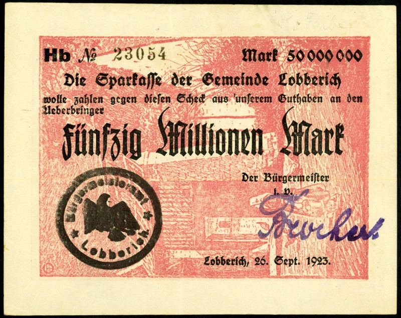 RHEINLAND. 
Lobberich, Bürgermeisteramt. 2 x Hb 50 Mio.Mark ( Rs.Fachwerkhaus u...