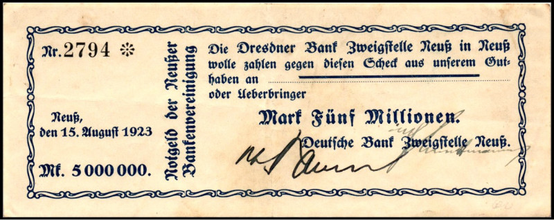 RHEINLAND. 
Neuss, Deutsche Bank. 5 Mio. Mark 15.8.1923 Scheck auf Deutsche Ban...