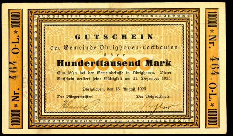 RHEINLAND. 
Obrighoven-Lackhausen, Gemeinde. 100 T. Mark 13.8.1923 -31.12.1923....