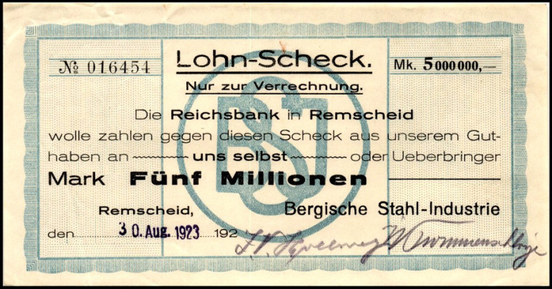 RHEINLAND. 
Remscheid, Bergische Stahlindustrie. 2x 1Mio u.5 Mio.Mark 1923 1Mio...