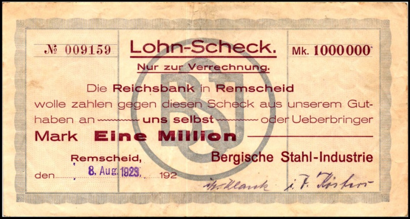 RHEINLAND. 
Remscheid, Bergische Stahlindustrie. 2x 500.000 u.1 Mio.Mark 1923 5...