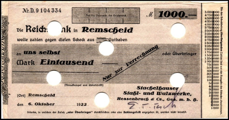 RHEINLAND. 
Remscheid, Stachelhauser Stahl- und Walzwerke. 4x 1000 Mark 15.,22,...