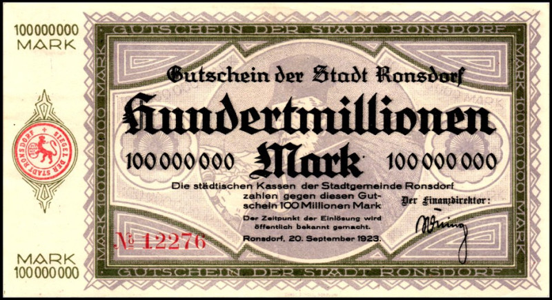 RHEINLAND. 
Ronsdorf, Stadtgemeinde Ronsdorf. 100 Mio.Mark 20.9.1923 o.Wz. Sieg...