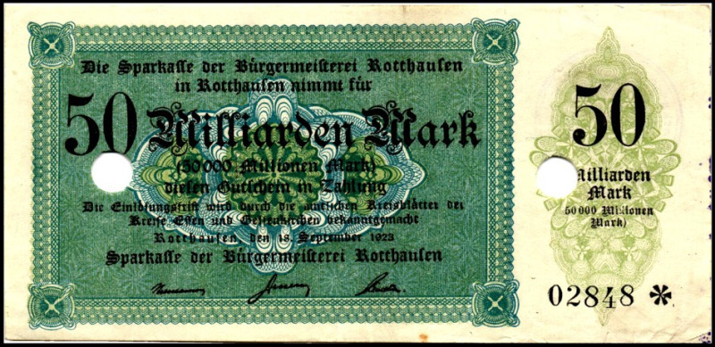 RHEINLAND. 
Rotthausen, Sparkasse der Bürgermeisterei. 50 Md.Mark 18.9.1923 Ent...