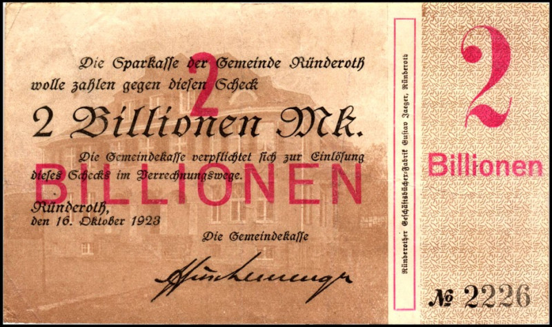 RHEINLAND. 
Ründeroth, Gemeinde. 2 Bio. Mark 16.10.1923. Ke. 4663.d, v.E. 1189....