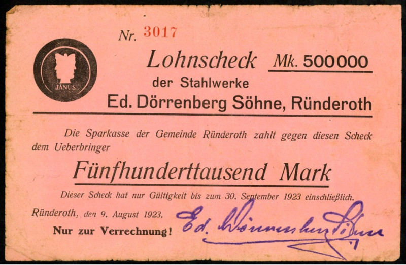 RHEINLAND. 
Ründeroth, Stahlwerke Ed.Dörrenberg. 500.000 Mark 9.08.1923-30.9.19...