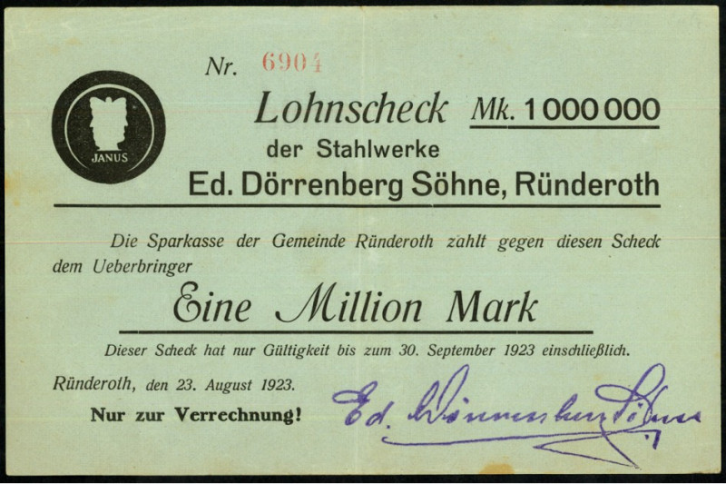 RHEINLAND. 
Ründeroth, Stahlwerke Ed.Dörrenberg. 1.000.000 Mark 23.08.1923 -30....