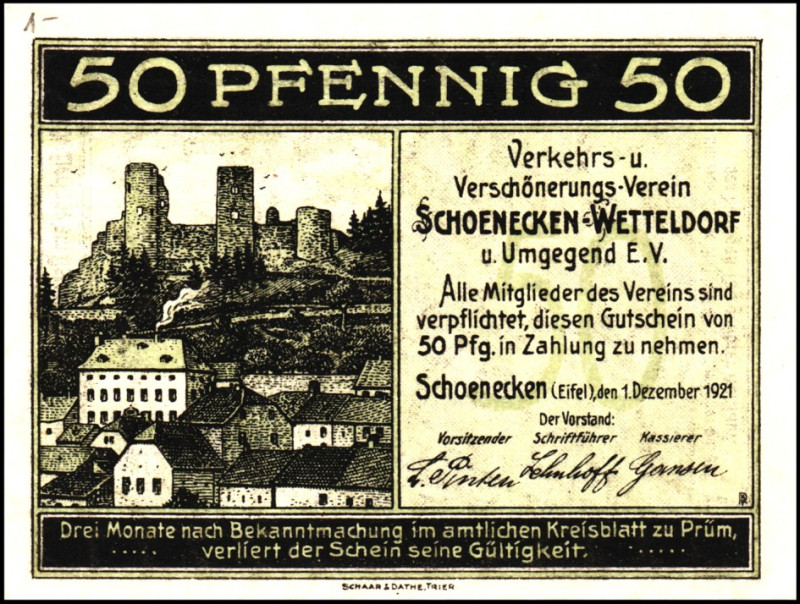 RHEINLAND. 
Schoenecken-Wetteldorf, Verkehrsverein. 25,50 Pfg. 1.12.1921. M. 17...