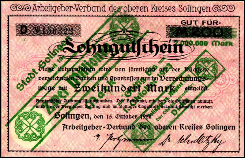 RHEINLAND. 
Solingen, Stadt. 2 Mio. Mark 15.8.1923 Überdruck auf 200 Mark Arbei...