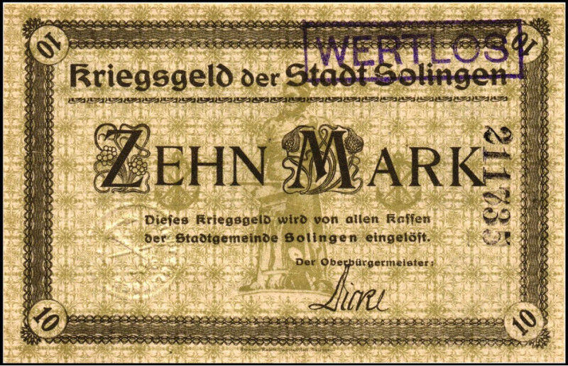 RHEINLAND. 
Solingen, Stadt. 10 Mark o.D -31.12.1918 mit schwarzer KN und Präge...