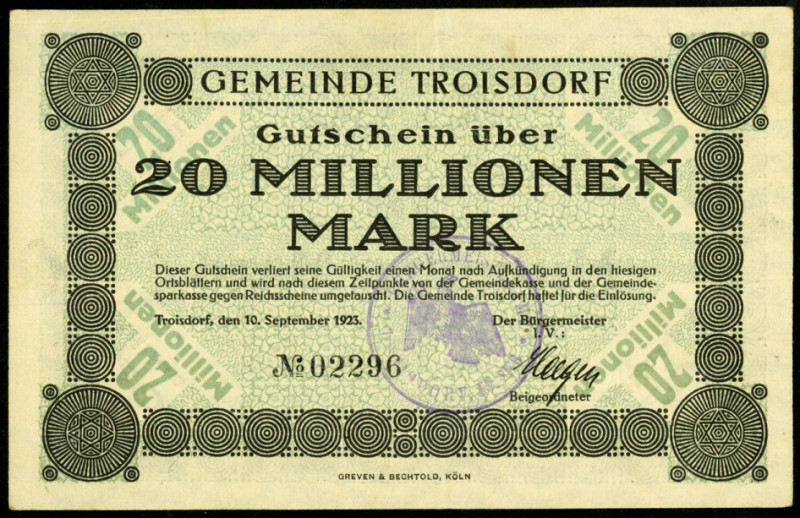 RHEINLAND. 
Troisdorf, Gemeinde. 20 Mio. Mark 10.9.1923. v.E. 1263,5, Ke. 5234....